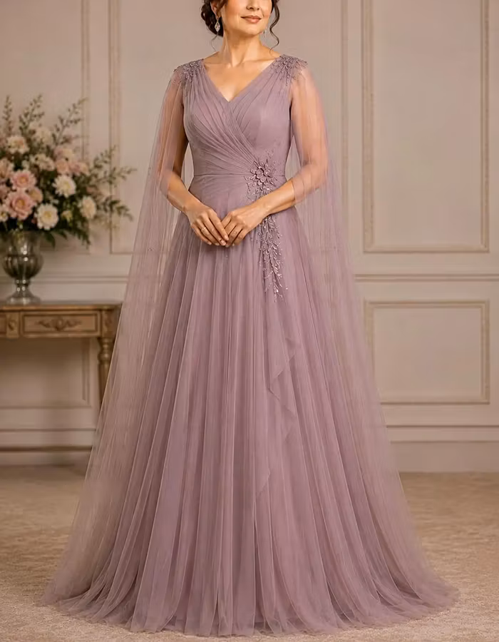 Dusty Purple V-Neck Capelet Tulle Maxi Dress