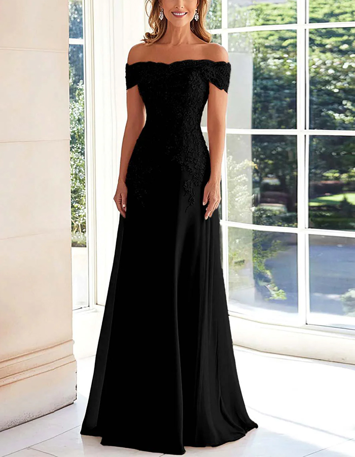 Solid Color Off Shoulder Lace Embroidered Full Maxi Dress