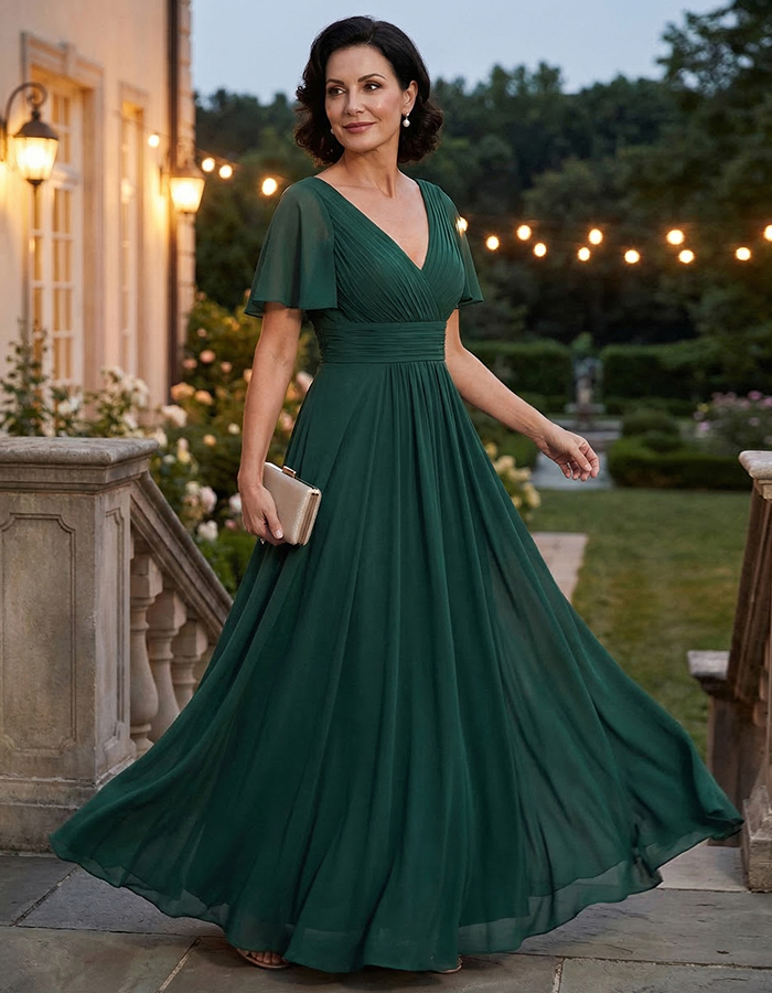 Dark Green Chiffon V-Neck Flutter Sleeves And Fitted Waist Maxi Dress