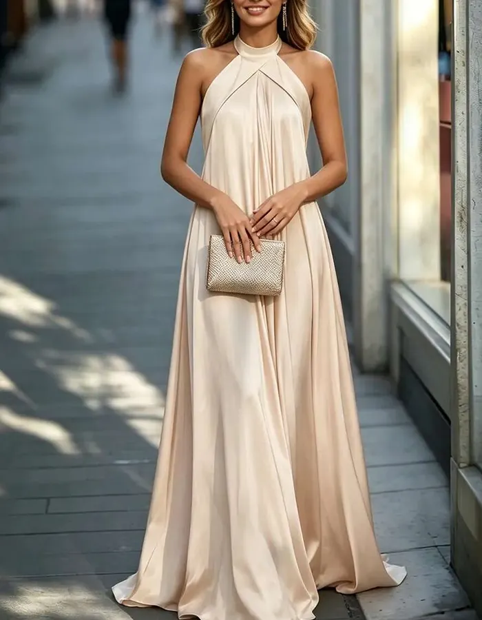 Champagne Satin Halter Neck A-Line Maxi Dress