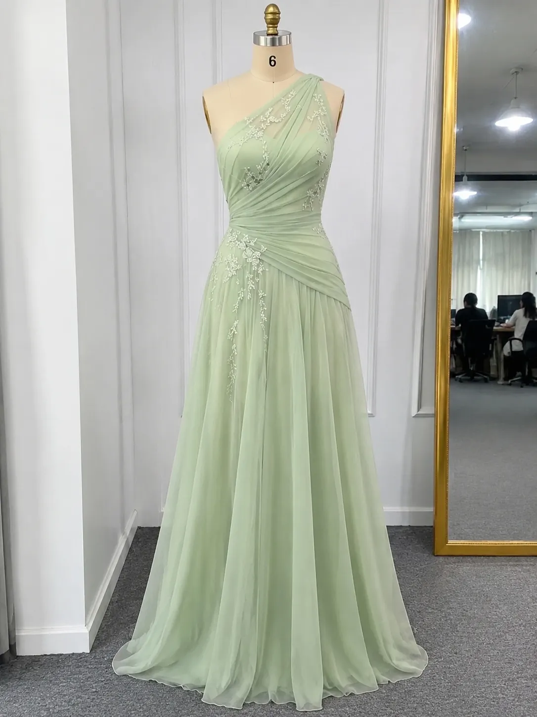 Lightgreen Applique 3D Floral Chiffon One Shoulder Sleeveless A-Line Floor Length Dress