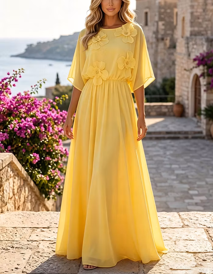 Yellow Round Neck 3D Flower Batwing Sleeve Chiffon Maxi Dress