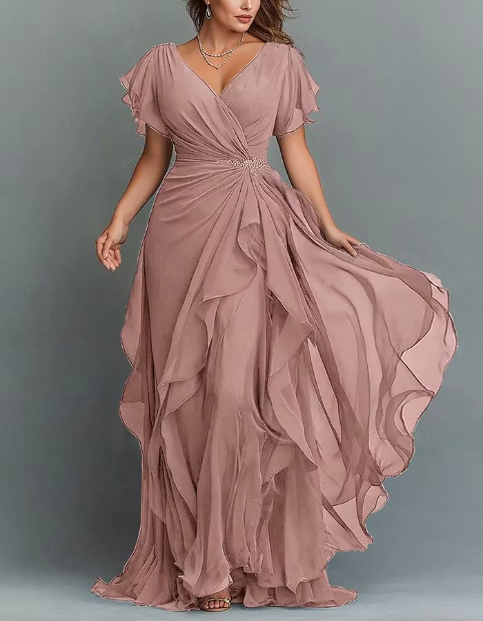 Solid Color V-neck Ruffled Chiffon Maxi Dress
