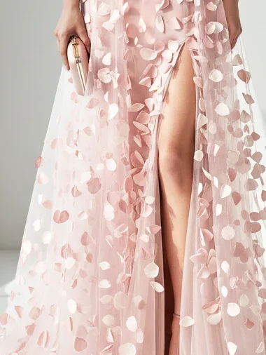 Pink 3D Floral Classic Boat Neck Sleeveless A-Line Floor Length Dress