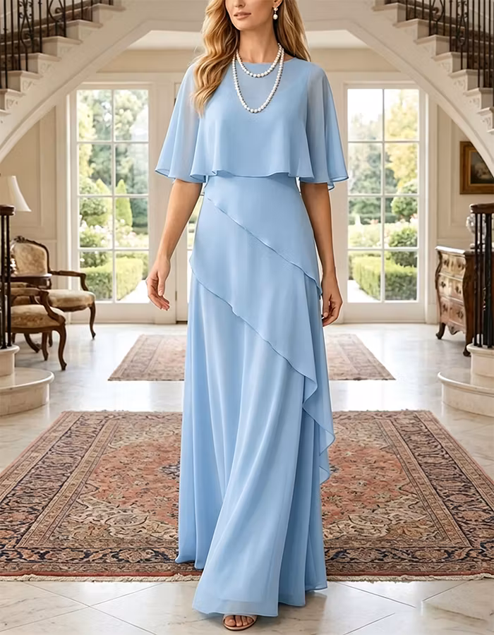 Light Green Round Neck Capelet Chiffon Maxi Dress