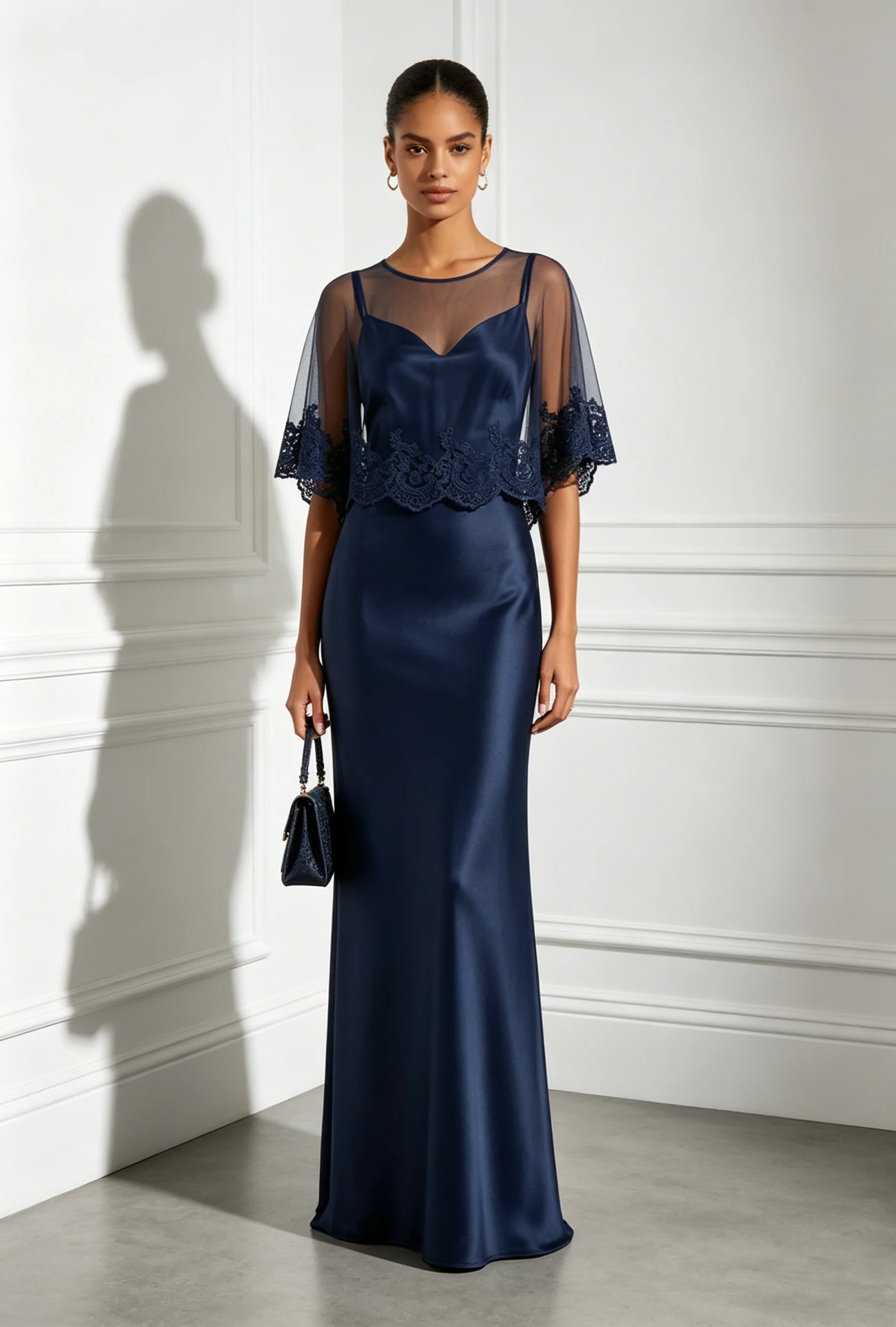 Navy Blue Lace Mesh Satin Crew Neck Cap Sleeve Sheath Floor-length Gown Dress