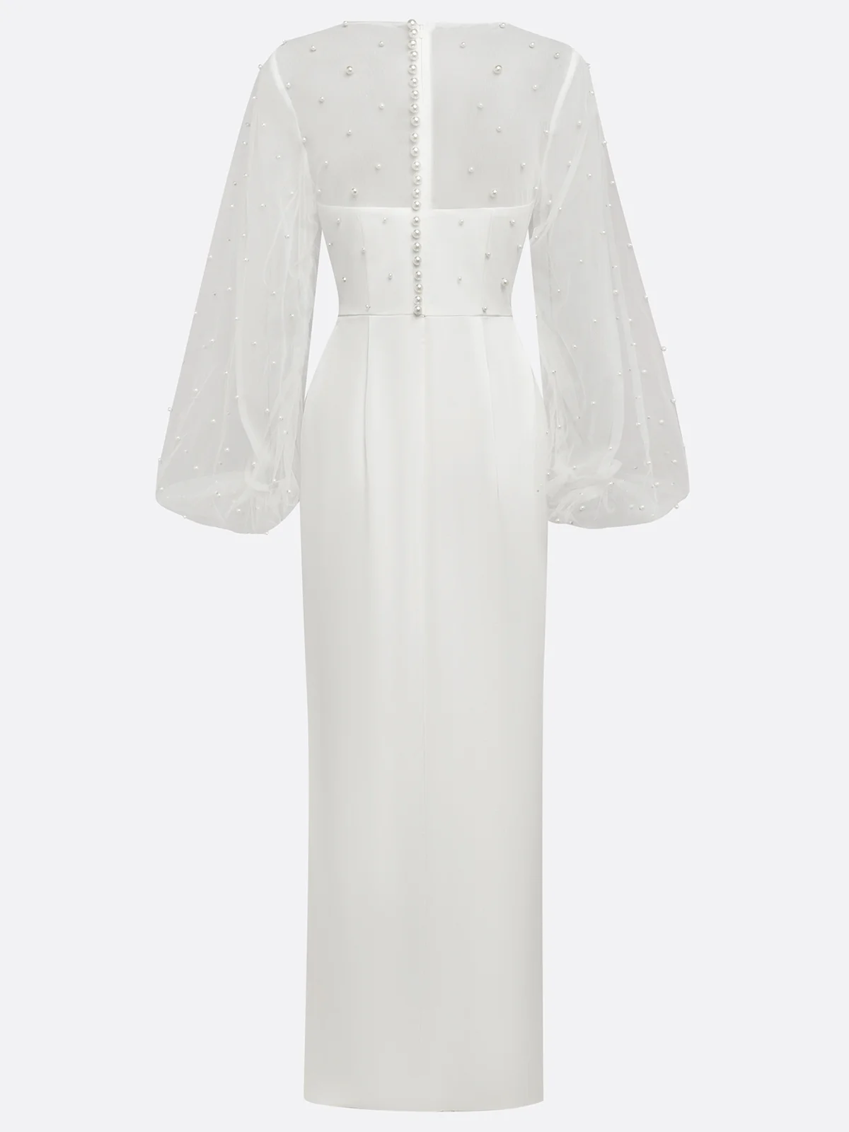 White Faux Pearl Side-Slit Classic Crew Neck Long Sleeve Puff Sleeve Sheath Bridal Gown Dress