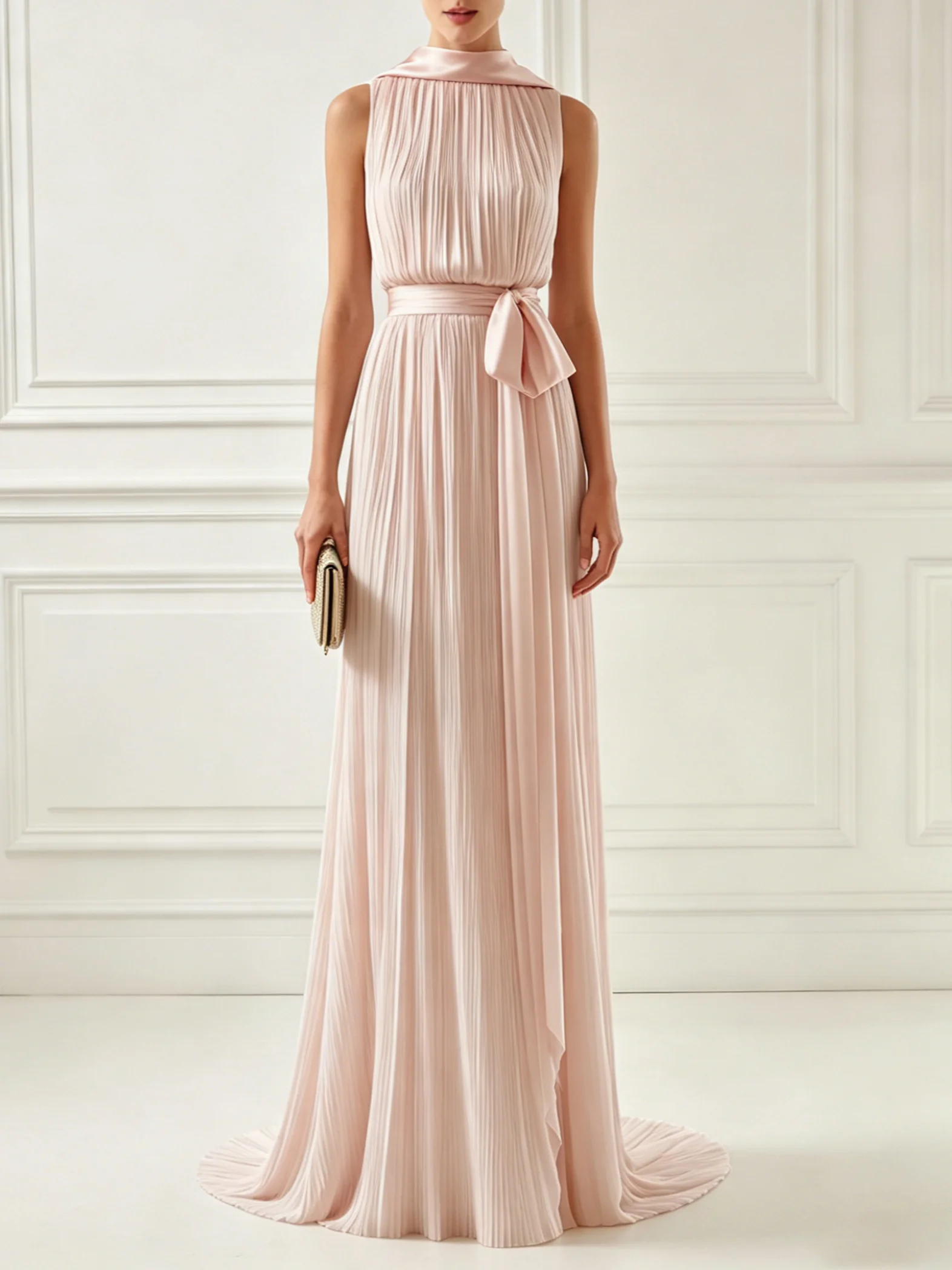 Pink Classic Halter Neck Sleeveless A-Line Maxi Dress