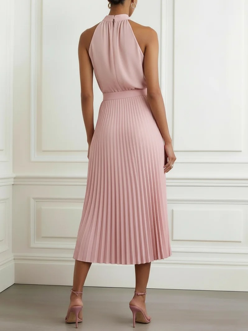 Women Pink Pleated Mock Neck Sleeveless Dressy Top With Skirt Two-Piece Set