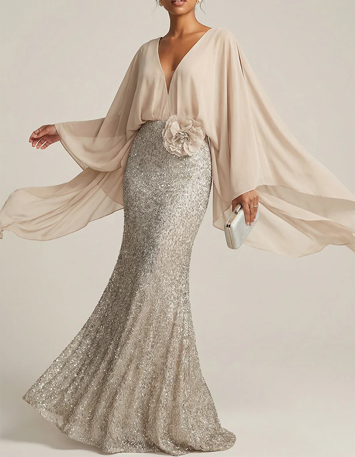 Beige Chiffon Capelet & Silver Sequin Mermaid Maxi Dress