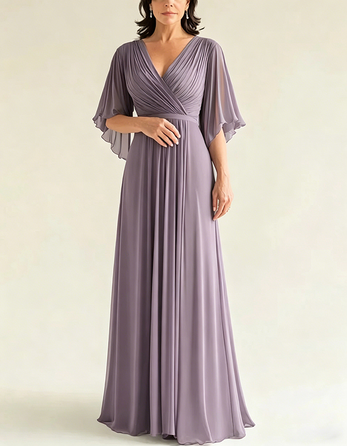 Grey Green Chiffon V-Neck Flutter Sleeves Maxi Dress