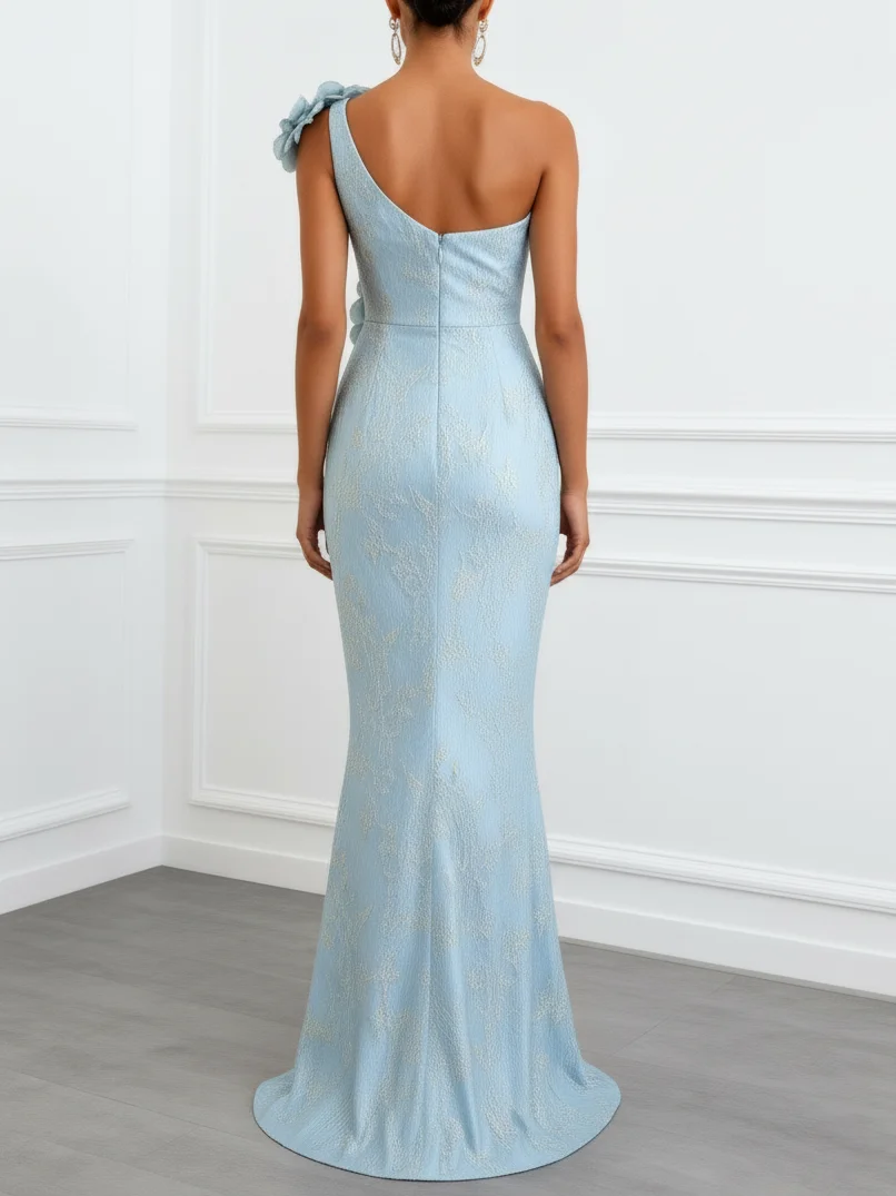 Light Blue 3D Floral Jacquard Classic One Shoulder Sleeveless Mermaid Gown Dress