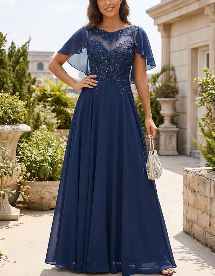 Navy Blue Illusion Neck Beaded Lace Empire Waist Chiffon Maxi Dress