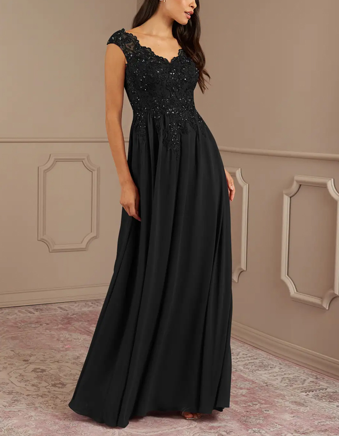 Black Sequined Chiffon A-Line V-Neck Maxi Dress