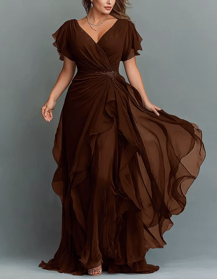 Solid Color V-neck Ruffled Chiffon Maxi Dress