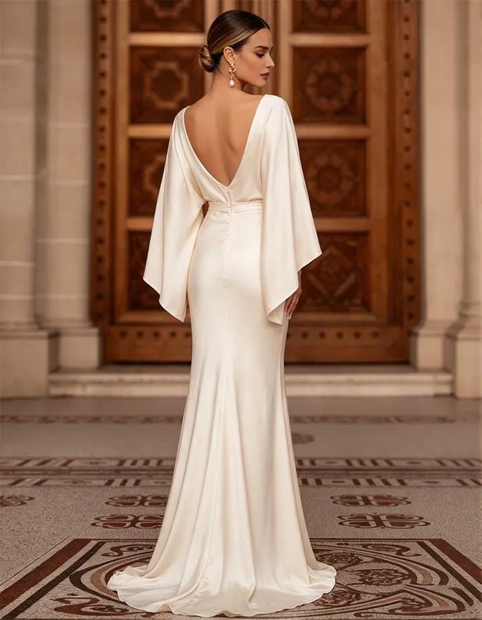 White Satin Batwing Sleeves Maxi Dress