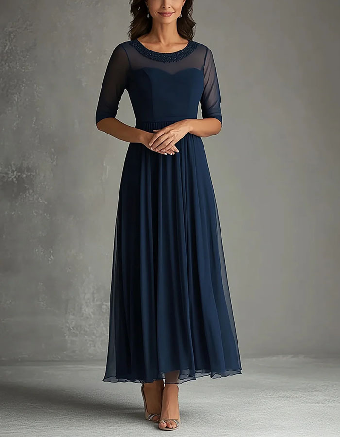 Navy Blue Mesh Sequined Waist Maxi Dress
