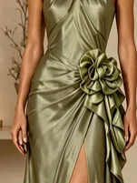 Army Green 3D Floral Satin Halter Neck Sleeveless A-Line Gown Dress