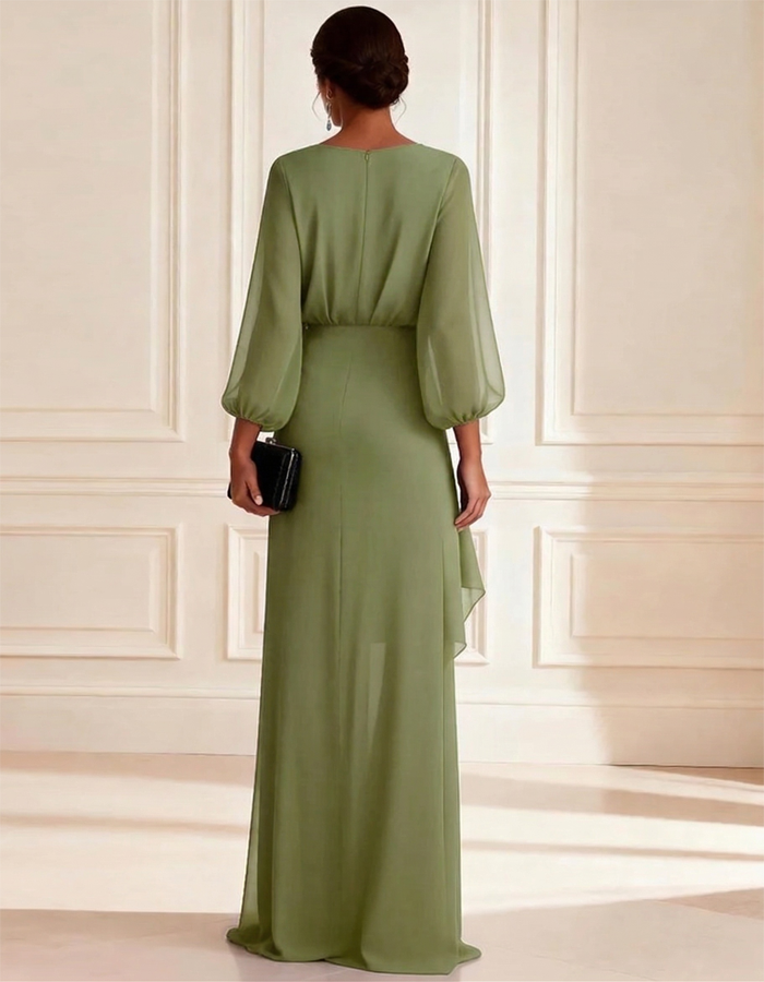 Sage green chiffon V-neck puff sleeve Maxi Dress