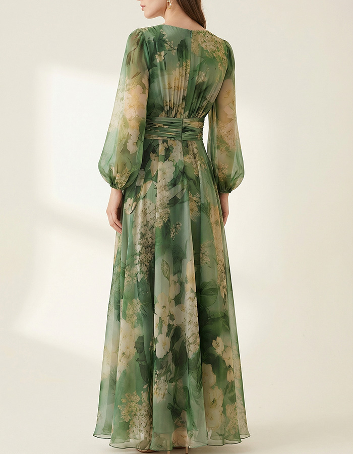 Green Floral Chiffon Wrap Maxi Dress