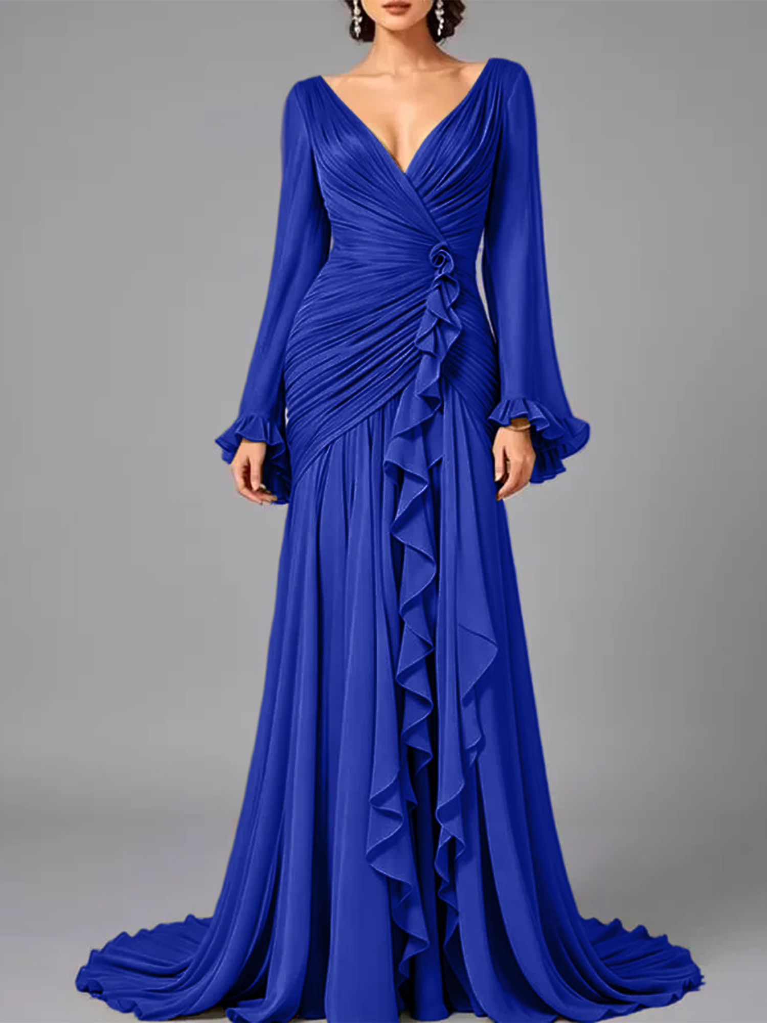 V-Neck Sheer Long Sleeve Ruffled Chiffon Dress