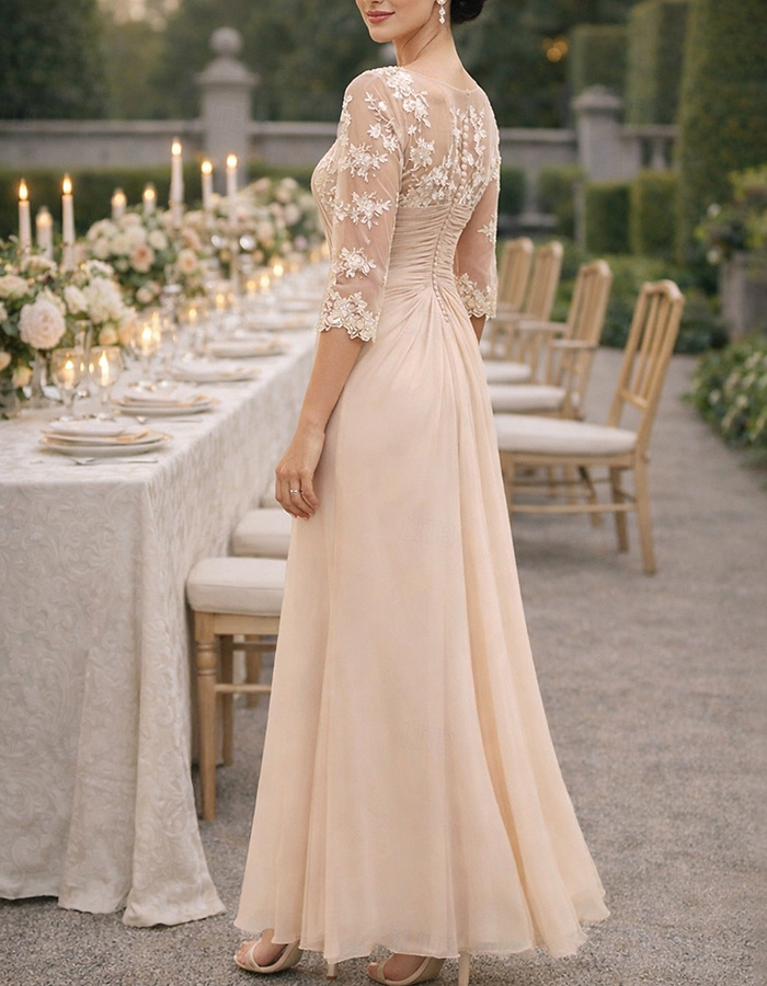 Champagne Lace Chiffon V-Neck Maxi Dress