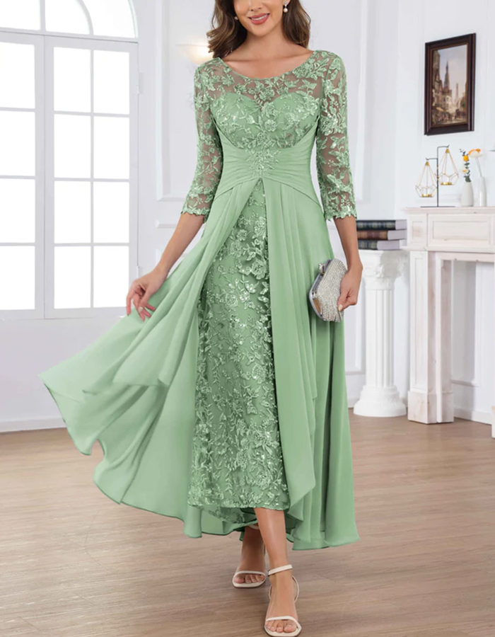 Lace Over Chiffon Illusion Neck Midi Dress