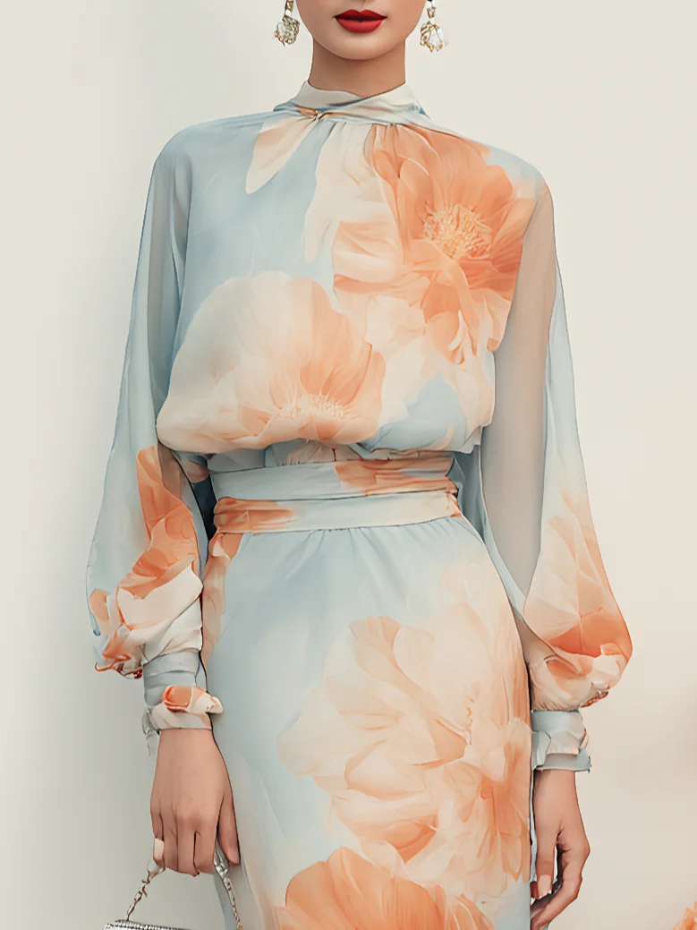 Women Light Blue Floral Mock Neck Long Sleeve Balloon Sleeve Romantic Top With Skirt Two-Piece Set