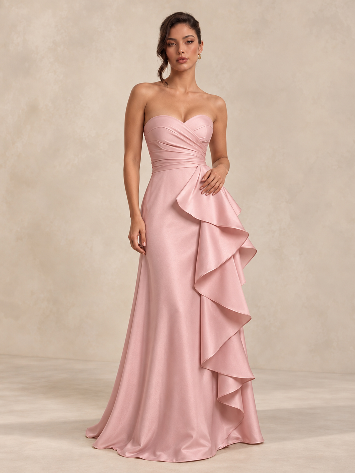 Satin Formal Evening Dress Strapless Ruffle Maxi Gown