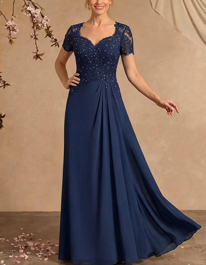 Navy Blue Lace Cap Sleeves Chiffon Maxi Dress
