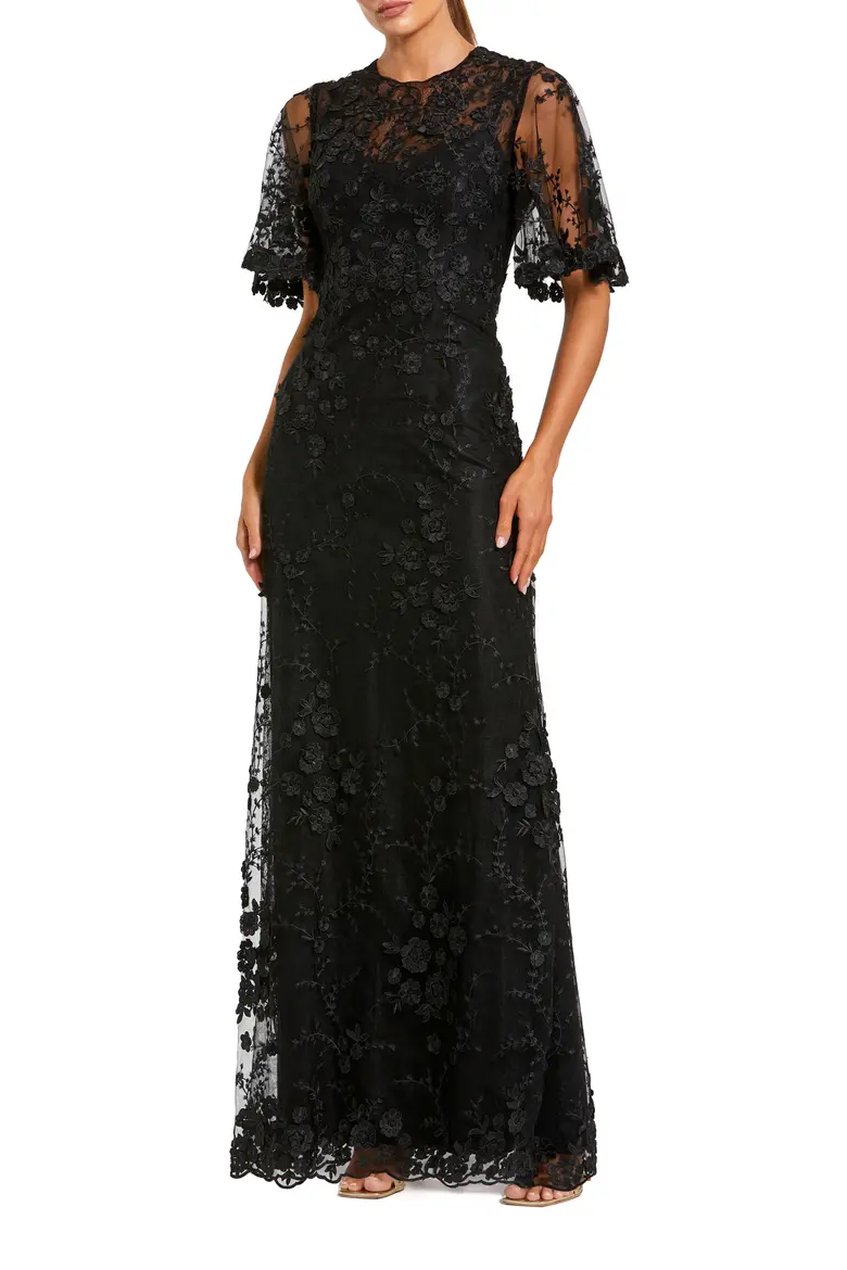 Elegant Floral Embroidered Evening Gown with Flutter Sleeves