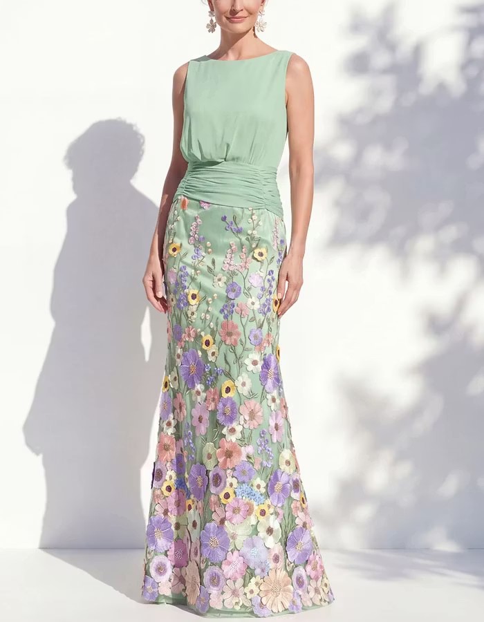 Green Sleeveless Multi Colored 3D Floral Pattern Maxi Dress