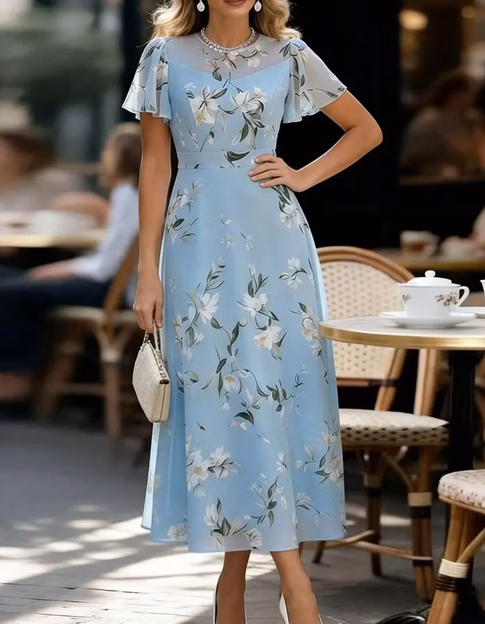 Light Blue Floral Chiffon Flutter Sleeve Midi Dress