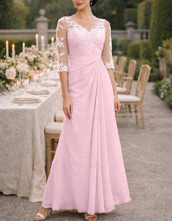 Champagne Lace Chiffon V-Neck Maxi Dress