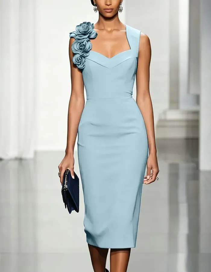 One-Shoulder Blended 3D Floral Midi Dress