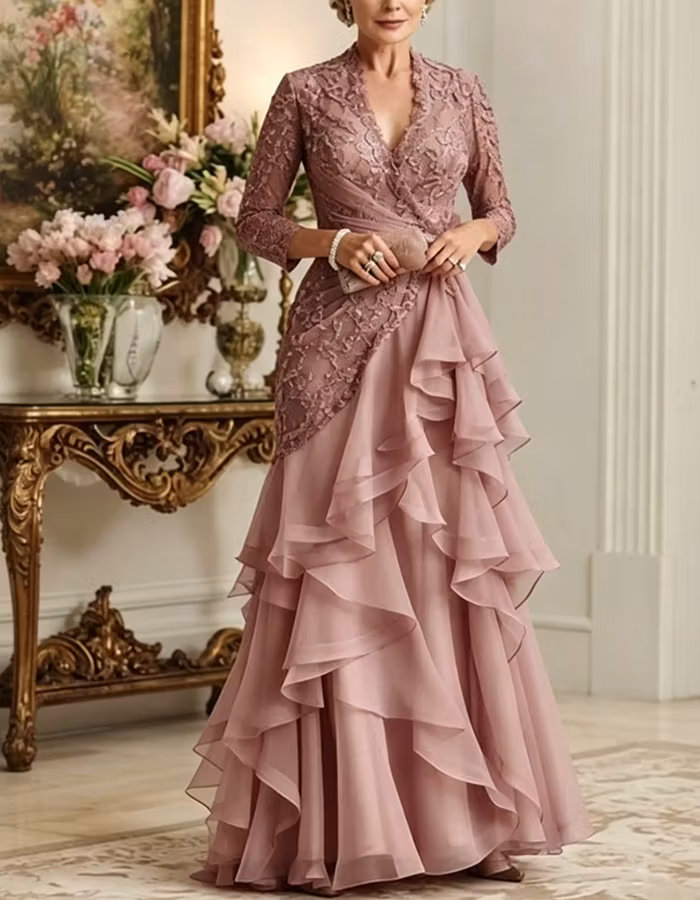 Grey Pink Lace Chiffon Layered Maxi Dress