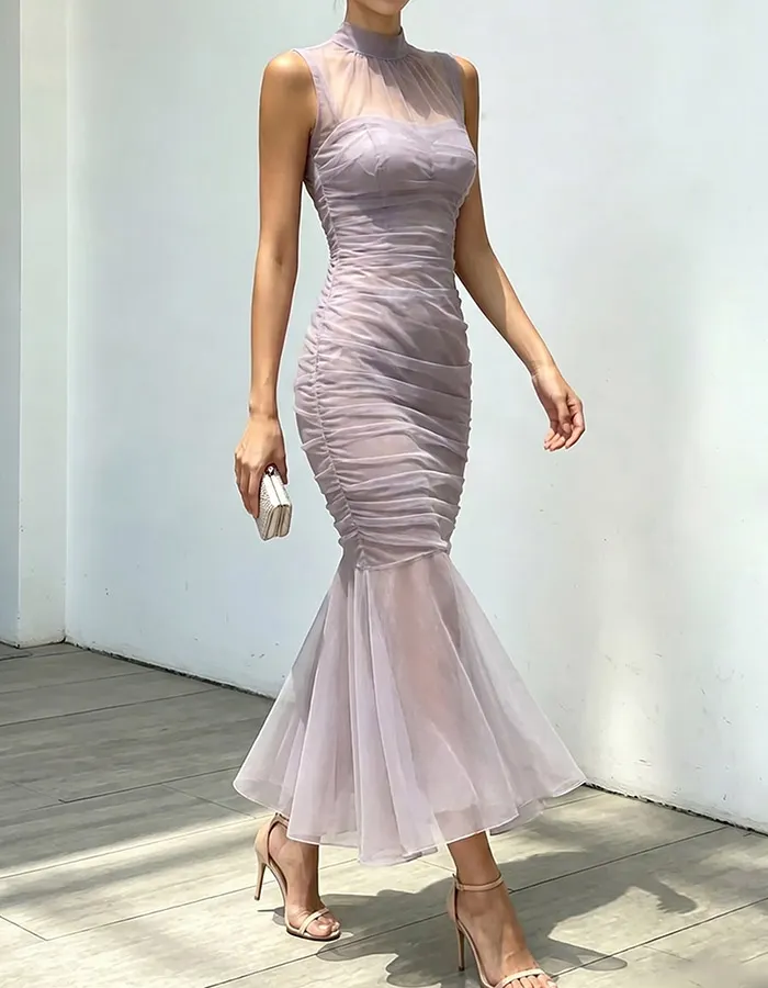 Lavender High-Neck Ruched Chiffon Midi Mermaid Dress