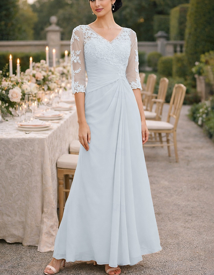 Champagne Lace Chiffon V-Neck Maxi Dress