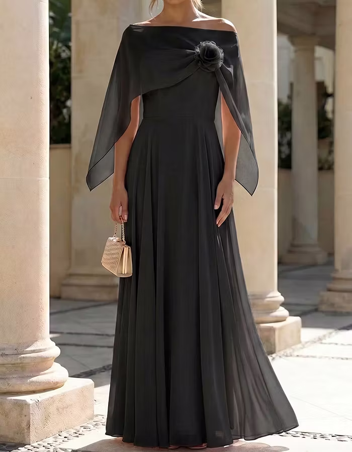 Blush Pink Off-Shoulder Capelet Chiffon Maxi Dress