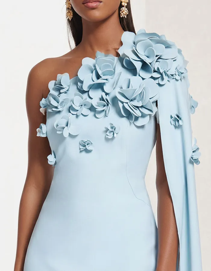Light Blue One-Shoulder Floral Appliqué Cape Sleeve Midi Dress