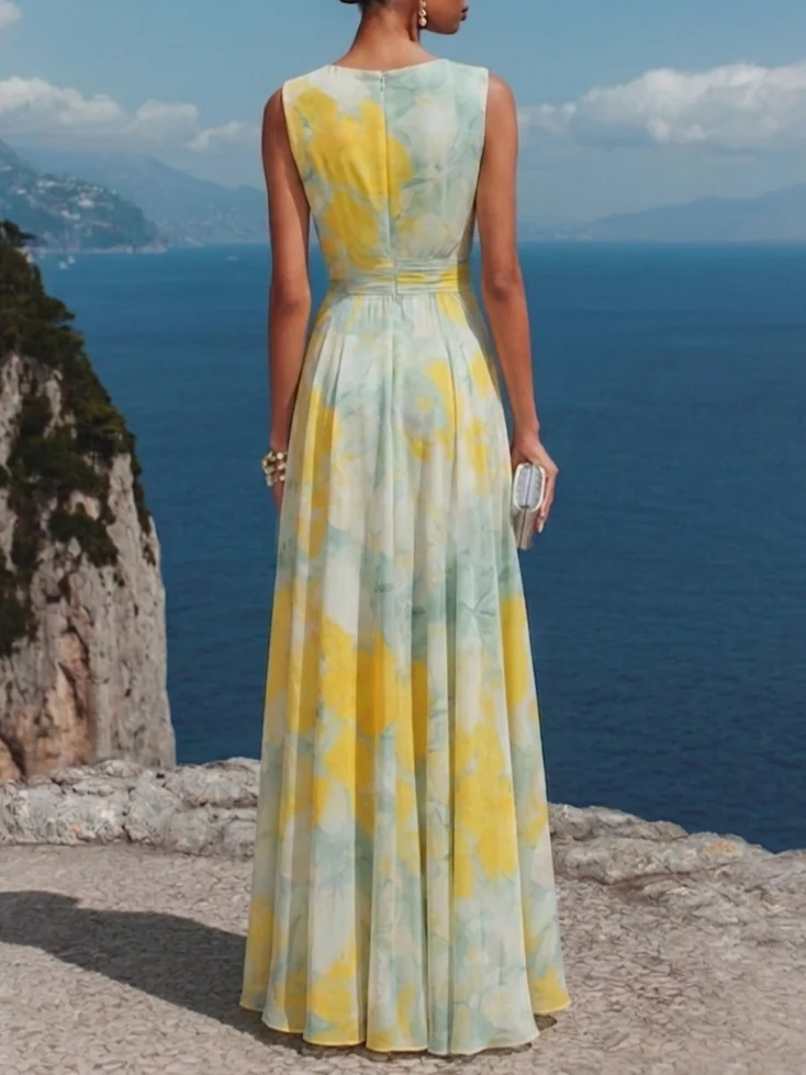 Light Green Floral Ruched Chiffon V Neck Sleeveless A-Line Maxi Dress