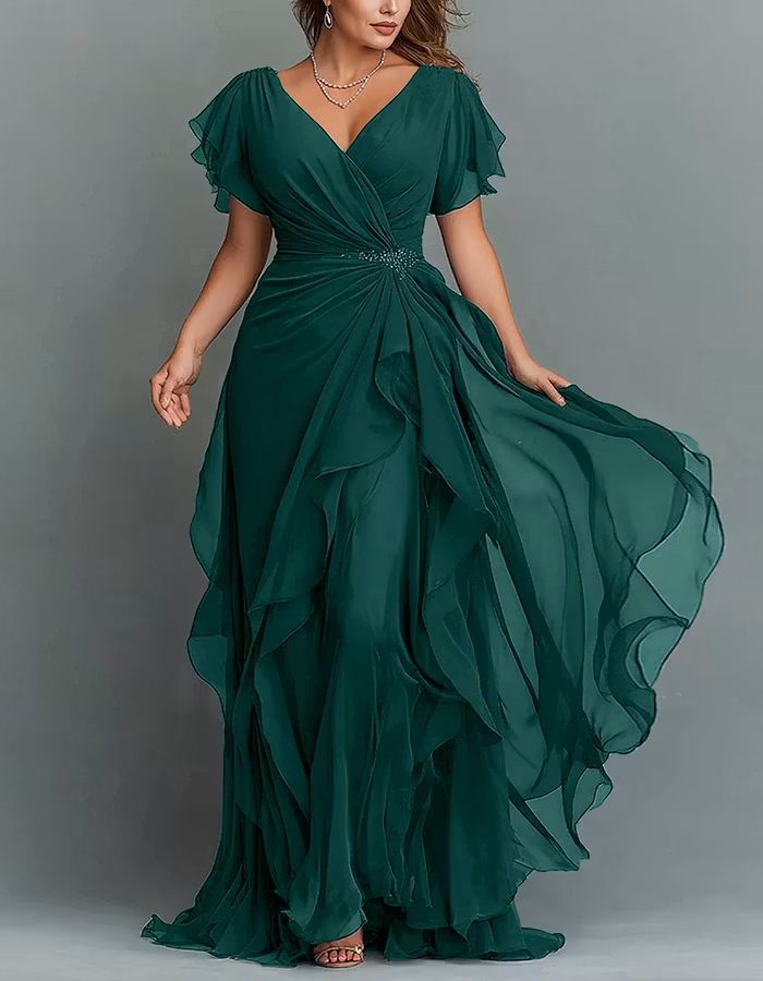 Solid Color V-neck Ruffled Chiffon Maxi Dress