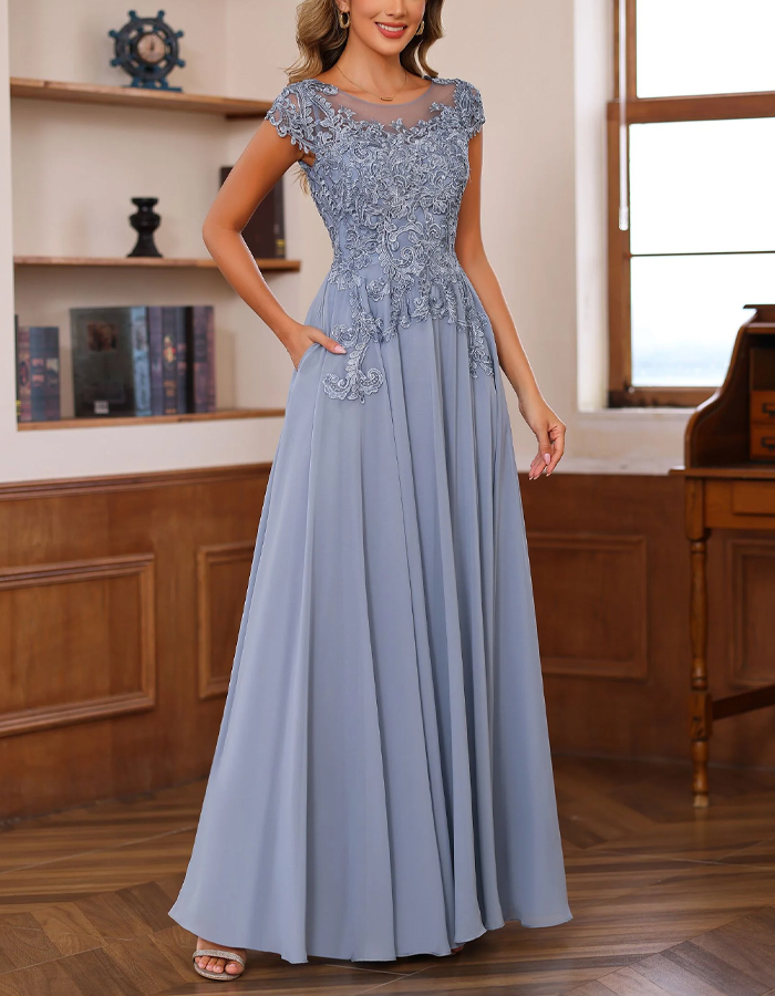 Blue Gray Chiffon Lace Patchwork Maxi Dress