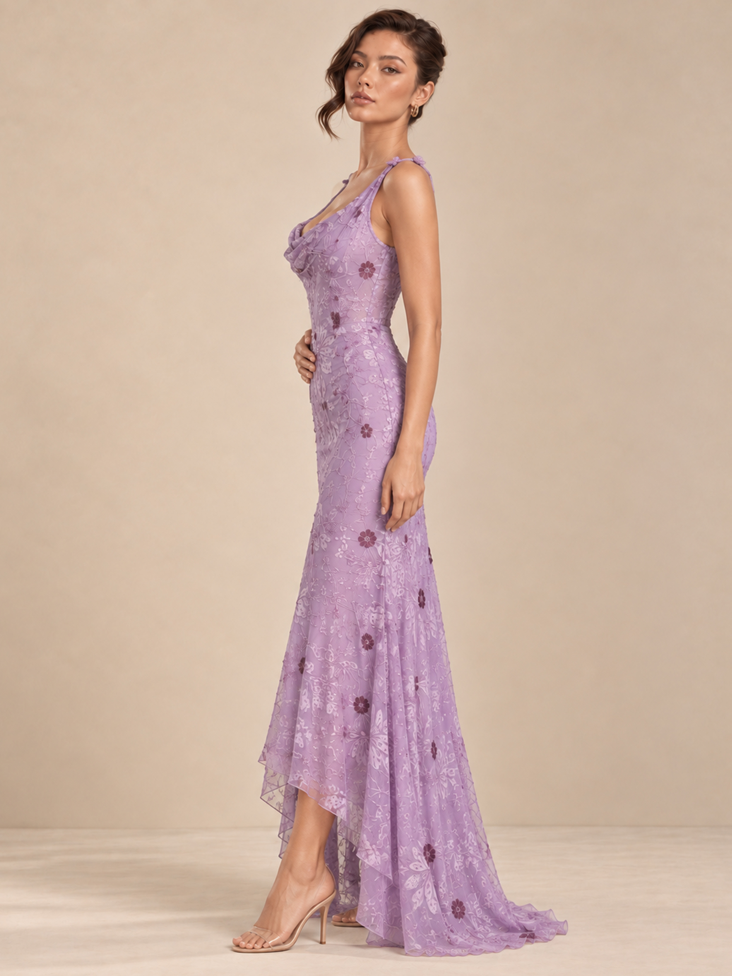 Boat Neck Chiffon Long Prom Dress Flower Evening Gown