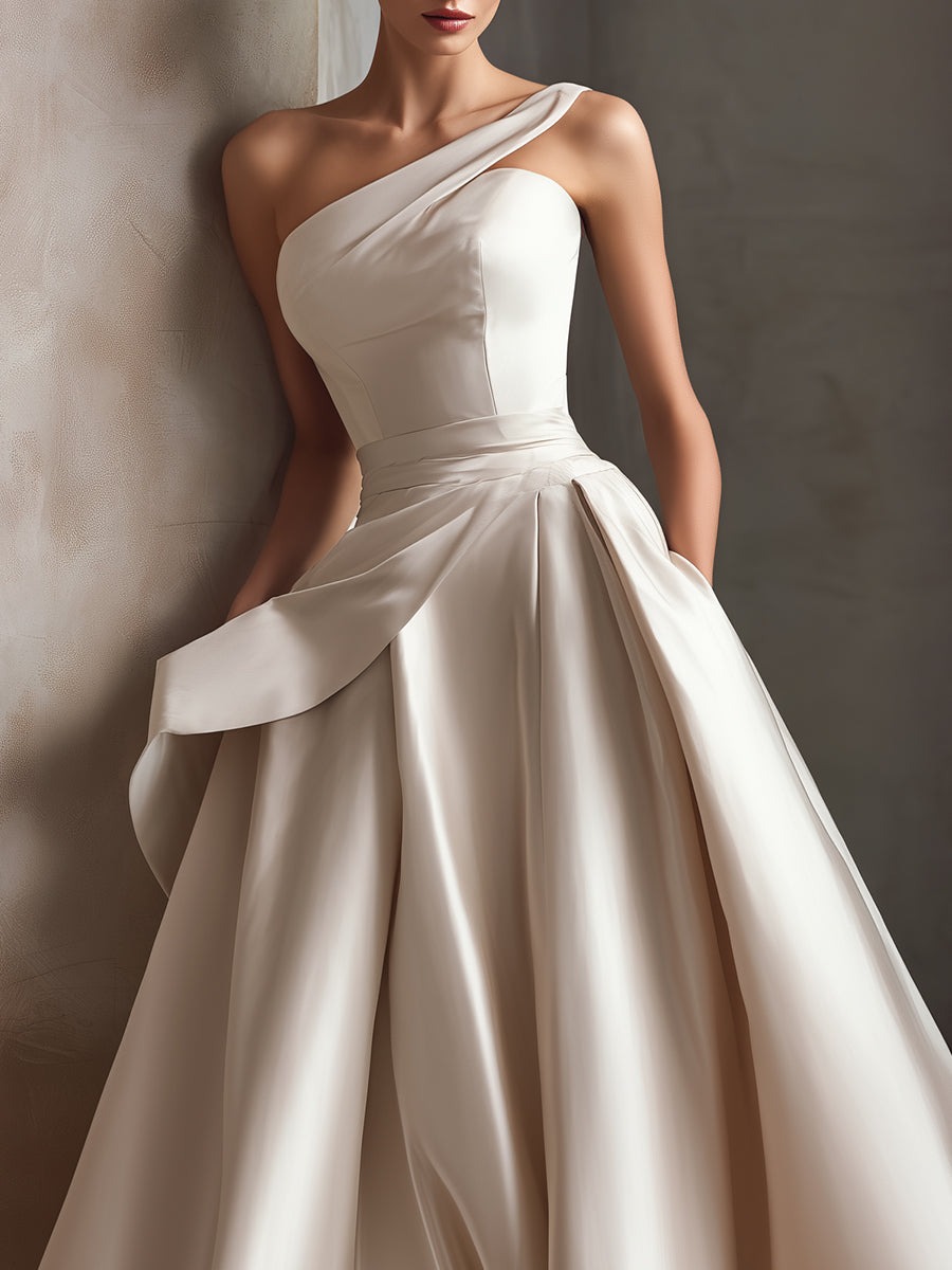 Champagne  One-Shoulder Sculpted Pleated Ball Gown