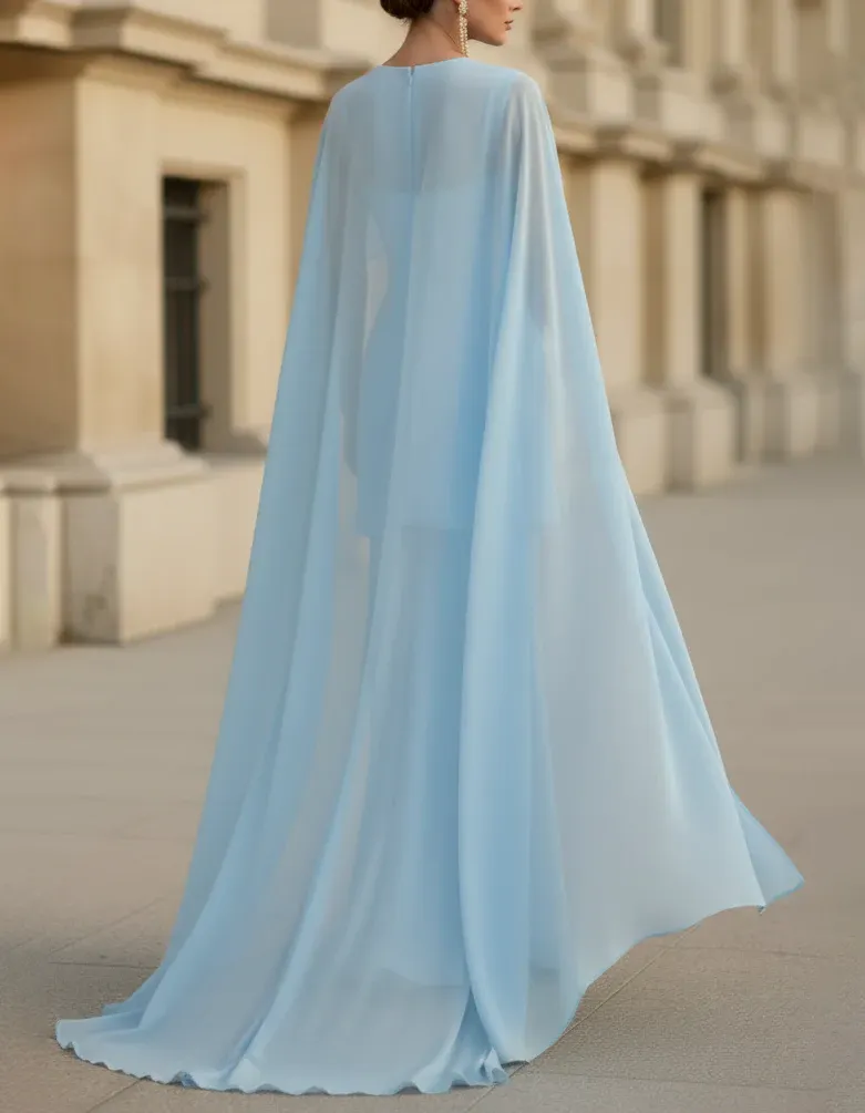 Light Blue Chiffon Matching Shawl Maxi Dress (Two-Piece Set)