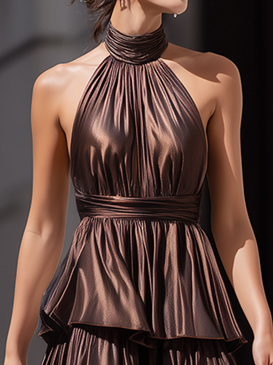 Tiered Halter Neck Ruffle Maxi Dress