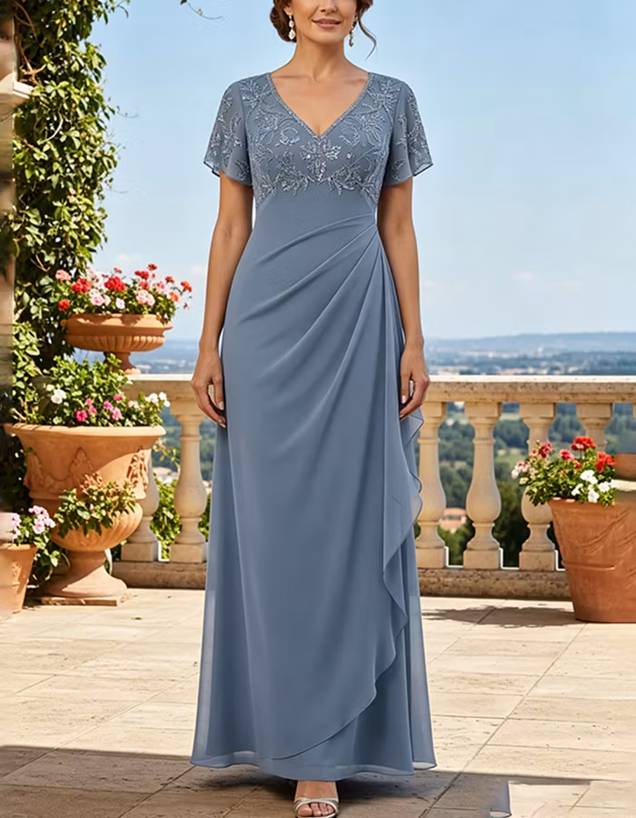 Dusty Blue V-Neck Chiffon Ruched Waist Maxi Dress