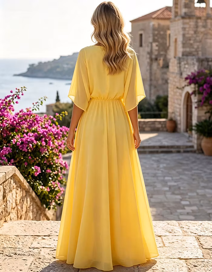Yellow Round Neck 3D Flower Batwing Sleeve Chiffon Maxi Dress