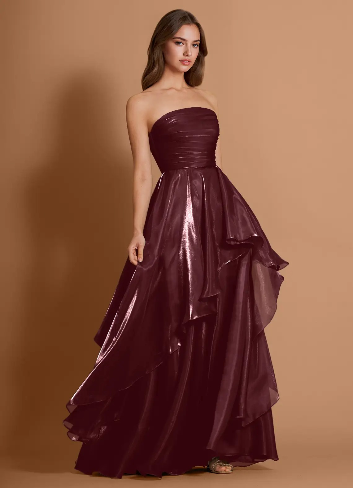 Burgundy Strapless Ruffled High-Slit Evening Gown